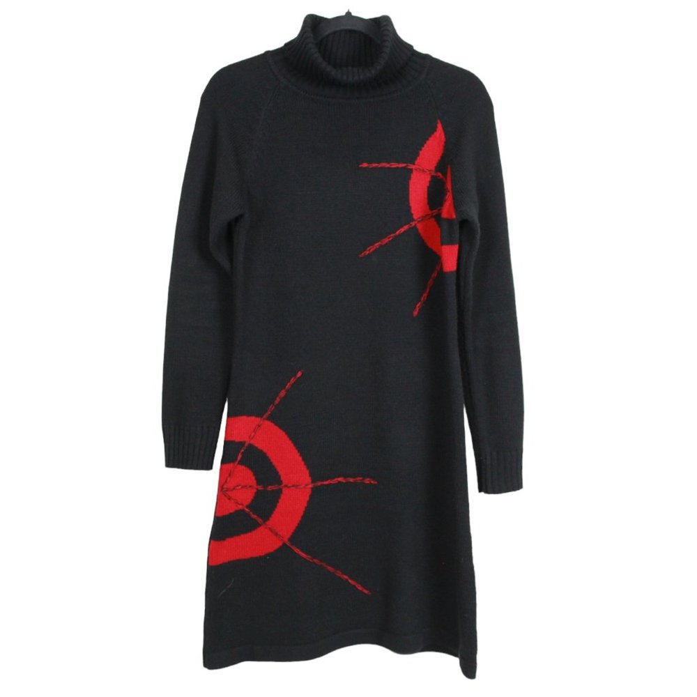 Black Red Patterned Turtleneck Sweater Dress